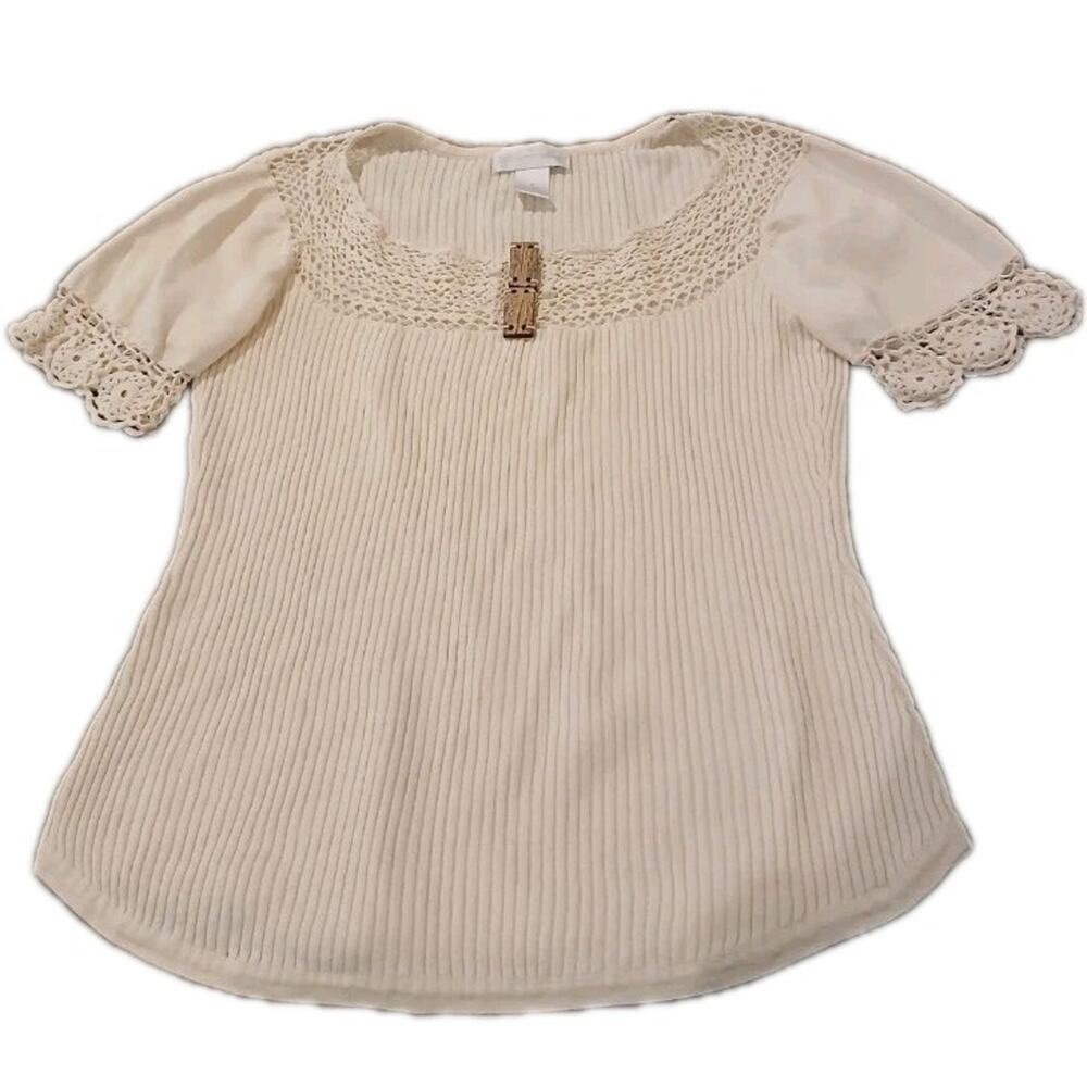 SOFT SURROUNDINGS Women's Crochet Linen Cotton Short Sleeve‎ Top Ribbed Size M